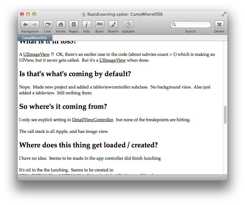 VoodooPad screenshot with CampWhere debugging trace